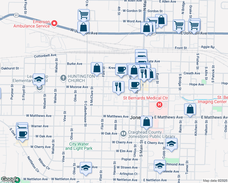map of restaurants, bars, coffee shops, grocery stores, and more near 500 West Washington Avenue in Jonesboro