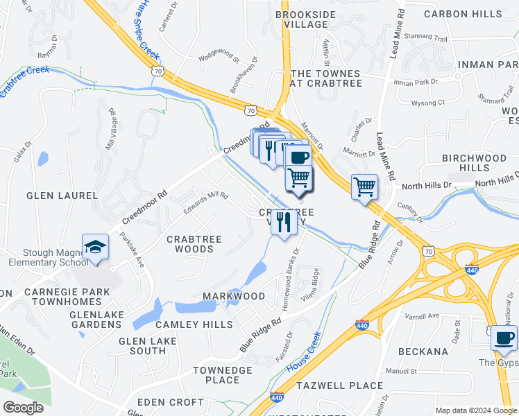 map of restaurants, bars, coffee shops, grocery stores, and more near 1109 Riverwood Circle in Raleigh
