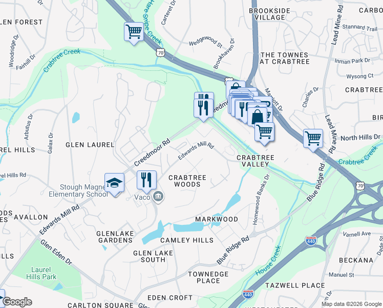 map of restaurants, bars, coffee shops, grocery stores, and more near 4801 Cornwall Place in Raleigh
