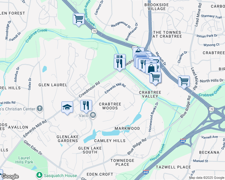 map of restaurants, bars, coffee shops, grocery stores, and more near 4801 Cornwall Place in Raleigh