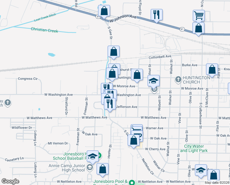map of restaurants, bars, coffee shops, grocery stores, and more near 504 Wilson Street in Jonesboro