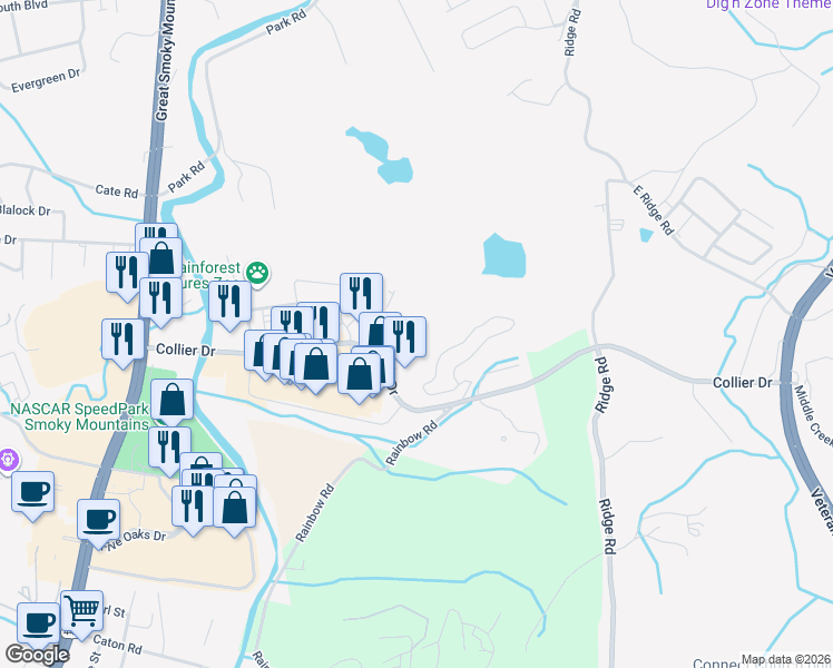 map of restaurants, bars, coffee shops, grocery stores, and more near 229 Collier Drive in Sevierville