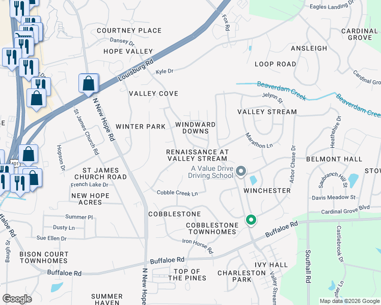 map of restaurants, bars, coffee shops, grocery stores, and more near 4801 Windbreak Lane in Raleigh