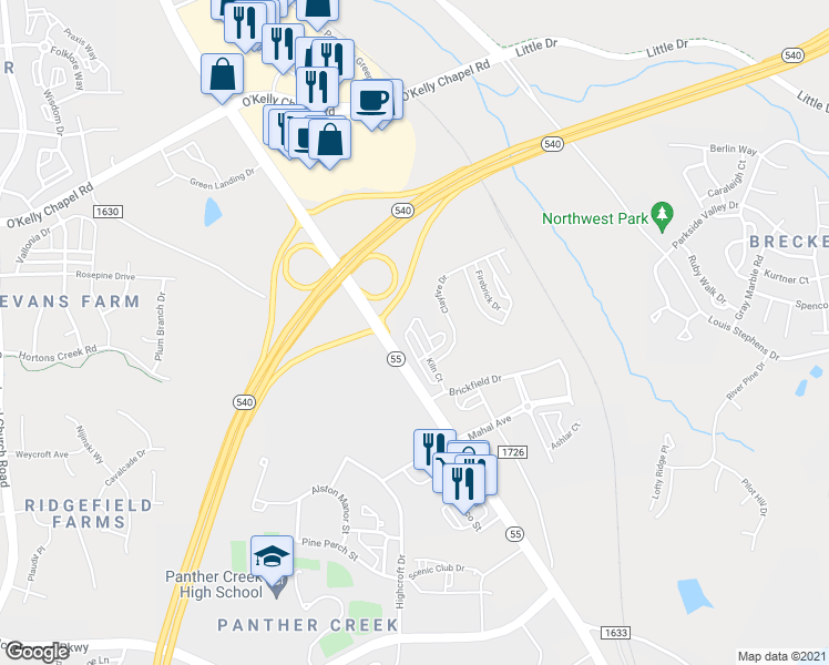 map of restaurants, bars, coffee shops, grocery stores, and more near 1411 Kiln Court in Cary