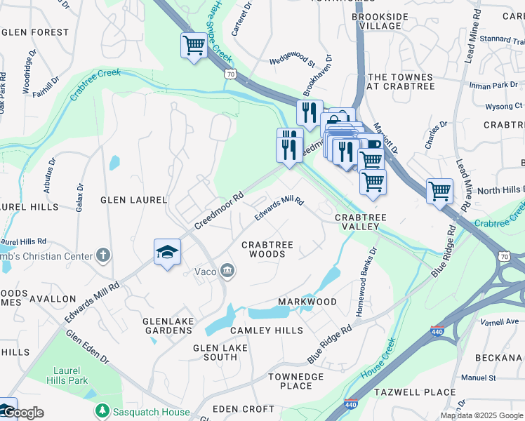 map of restaurants, bars, coffee shops, grocery stores, and more near 4717 Edwards Mill Road in Raleigh