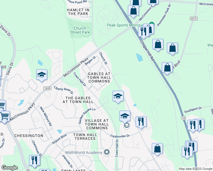 map of restaurants, bars, coffee shops, grocery stores, and more near 603 Meeting Hall Drive in Morrisville