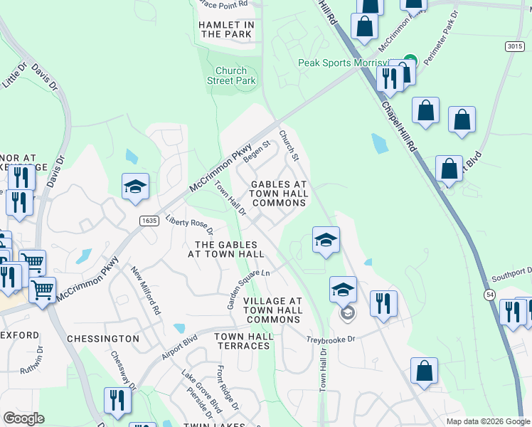map of restaurants, bars, coffee shops, grocery stores, and more near 107 Bell Tower Way in Morrisville