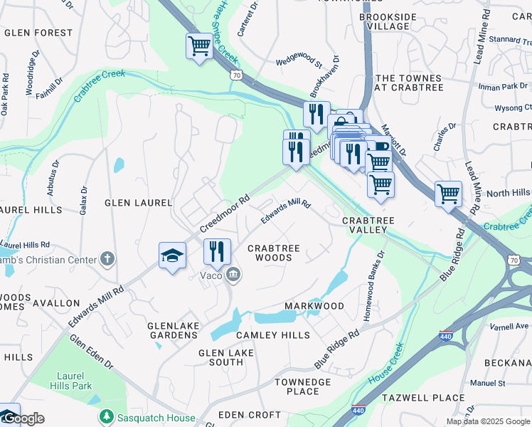 map of restaurants, bars, coffee shops, grocery stores, and more near 4709 Edwards Mill Road in Raleigh