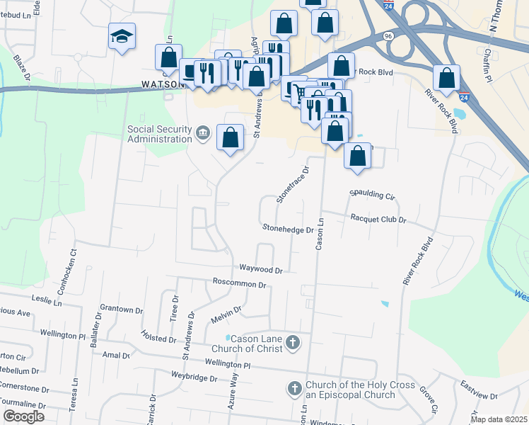 map of restaurants, bars, coffee shops, grocery stores, and more near 2825 Stonehedge Drive in Murfreesboro