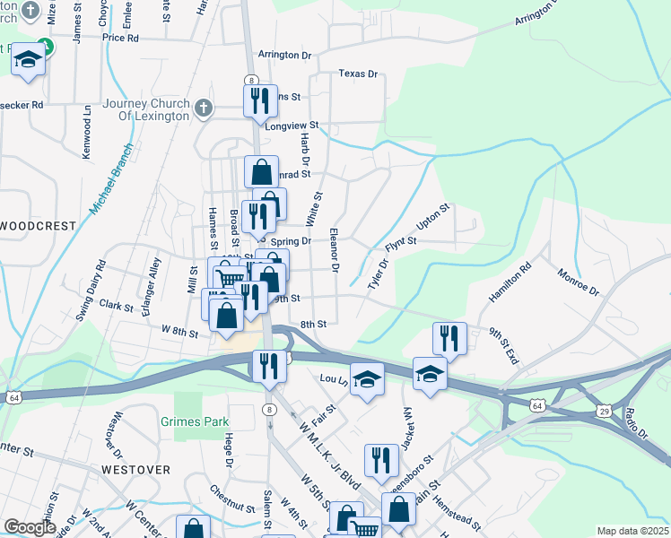 map of restaurants, bars, coffee shops, grocery stores, and more near Eleanor Drive in Lexington