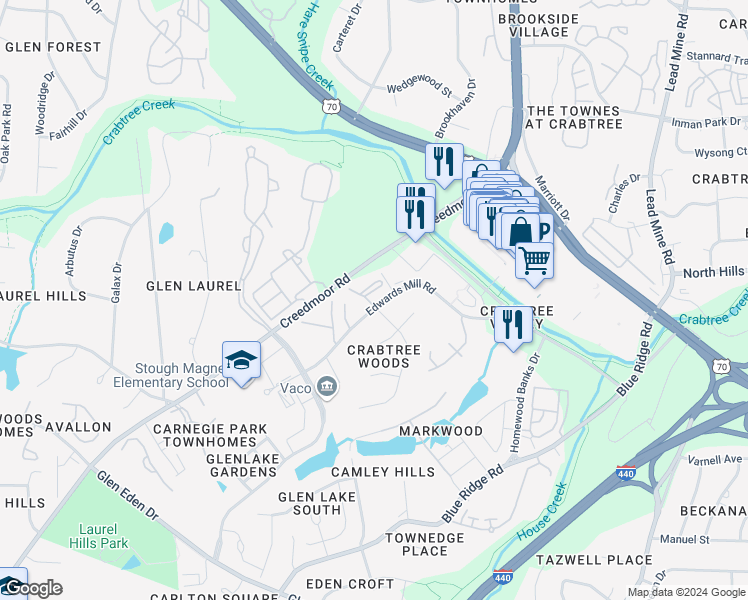 map of restaurants, bars, coffee shops, grocery stores, and more near 4711 Edwards Mill Road in Raleigh