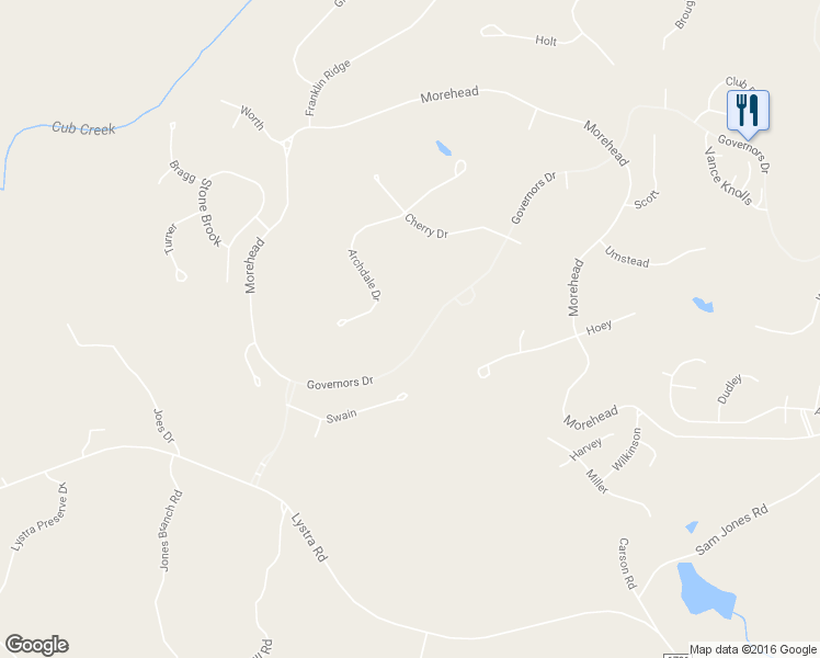 map of restaurants, bars, coffee shops, grocery stores, and more near 11412 Governors Drive in Chapel Hill