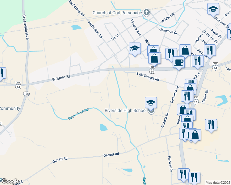 map of restaurants, bars, coffee shops, grocery stores, and more near 160 Santree Drive in Williamston