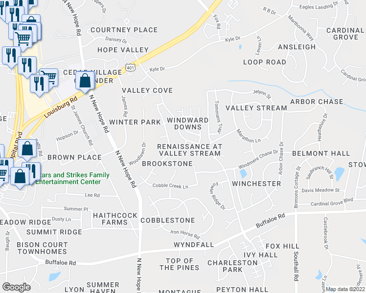 map of restaurants, bars, coffee shops, grocery stores, and more near 4801 Windbreak Lane in Raleigh