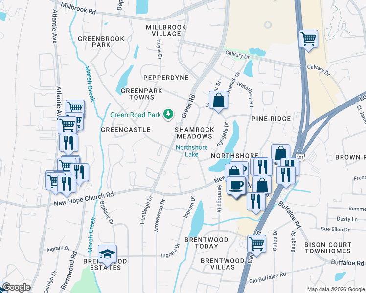 map of restaurants, bars, coffee shops, grocery stores, and more near 4112 Green Road in Raleigh