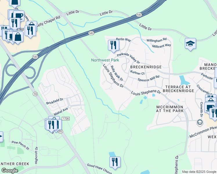 map of restaurants, bars, coffee shops, grocery stores, and more near 413 Walnut Woods Drive in Morrisville