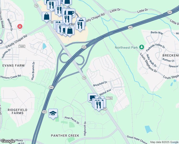 map of restaurants, bars, coffee shops, grocery stores, and more near 1556 Kiln Court in Cary
