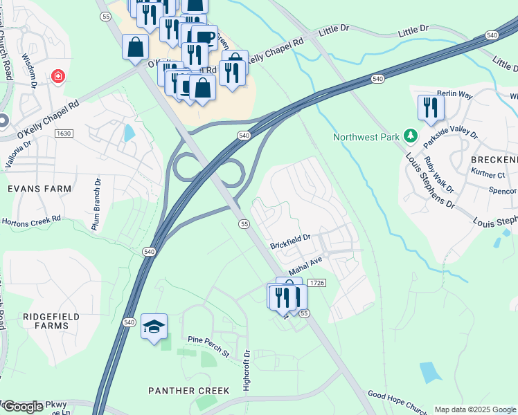 map of restaurants, bars, coffee shops, grocery stores, and more near 1556 Kiln Court in Cary