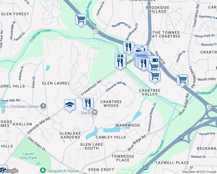 map of restaurants, bars, coffee shops, grocery stores, and more near 4717 Edwards Mill Road in Raleigh