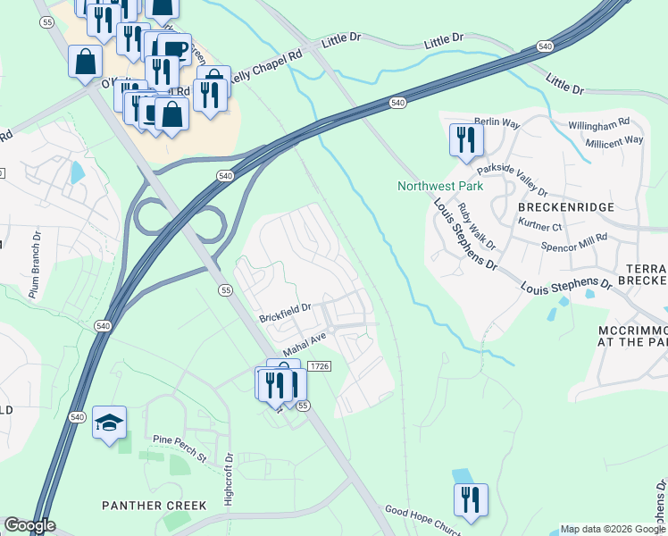 map of restaurants, bars, coffee shops, grocery stores, and more near 801 Firebrick Drive in Cary
