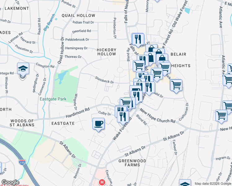 map of restaurants, bars, coffee shops, grocery stores, and more near 1328 Steinbeck Drive in Raleigh