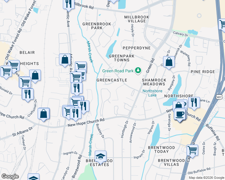 map of restaurants, bars, coffee shops, grocery stores, and more near 4224 Bertram Drive in Raleigh
