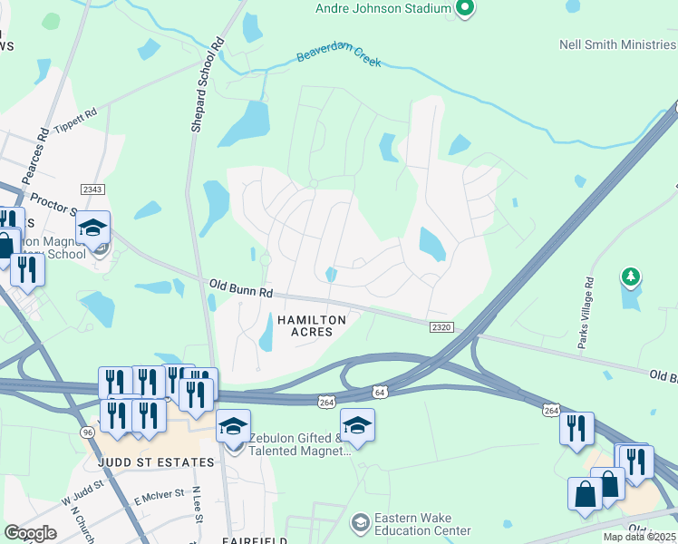 map of restaurants, bars, coffee shops, grocery stores, and more near 1217 Old Bunn Road in Zebulon