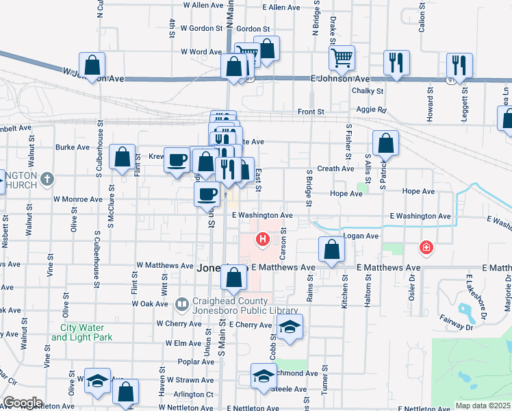 map of restaurants, bars, coffee shops, grocery stores, and more near 401 East St in Jonesboro