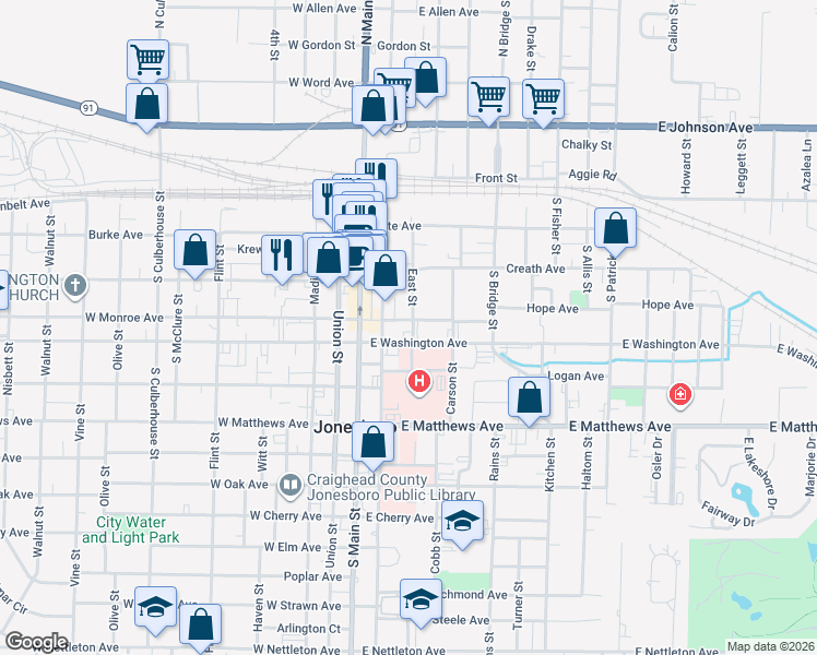 map of restaurants, bars, coffee shops, grocery stores, and more near 324 South Church Street in Jonesboro