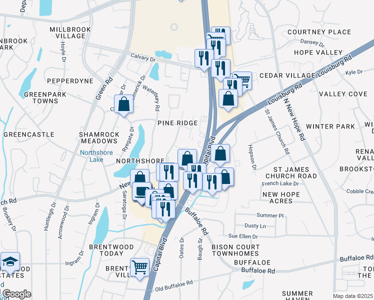 map of restaurants, bars, coffee shops, grocery stores, and more near 4246 Lake Ridge Drive in Raleigh