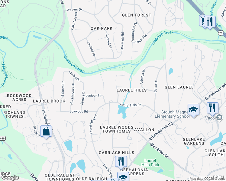 map of restaurants, bars, coffee shops, grocery stores, and more near 4201 Laurel Ridge Drive in Raleigh