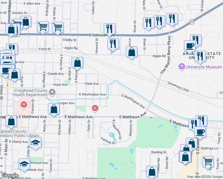 map of restaurants, bars, coffee shops, grocery stores, and more near 1223 Hope Avenue in Jonesboro