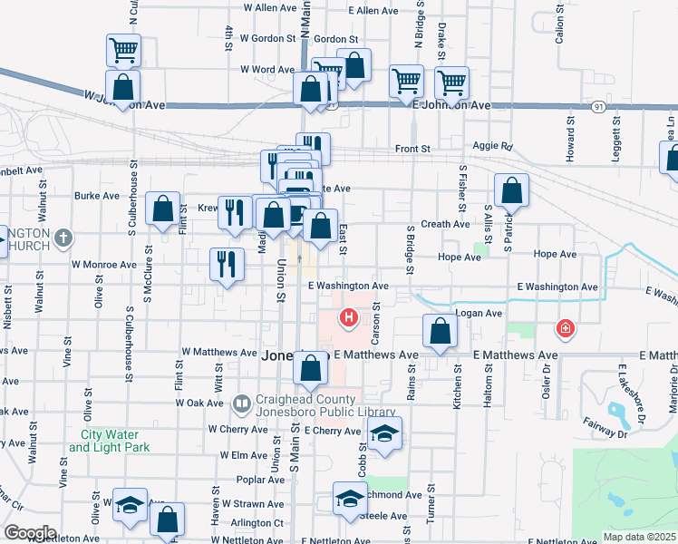 map of restaurants, bars, coffee shops, grocery stores, and more near 324 South Church Street in Jonesboro