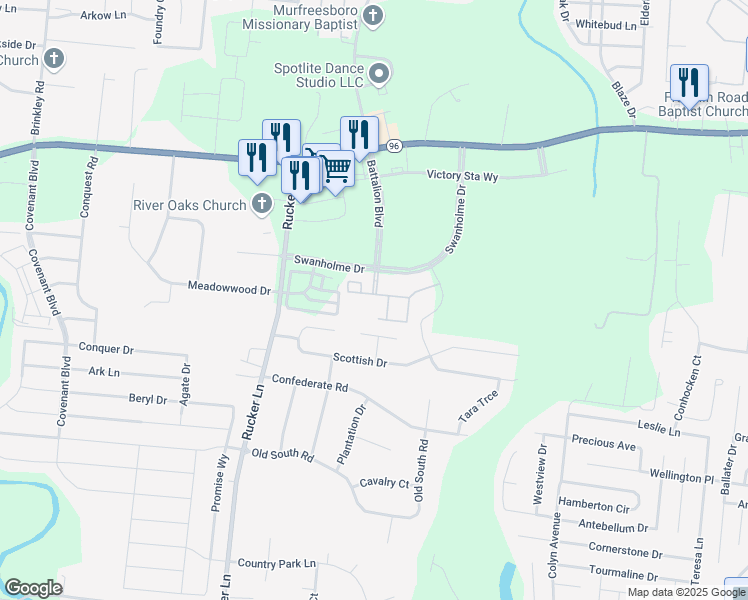 map of restaurants, bars, coffee shops, grocery stores, and more near 375 Swanholme Drive in Murfreesboro