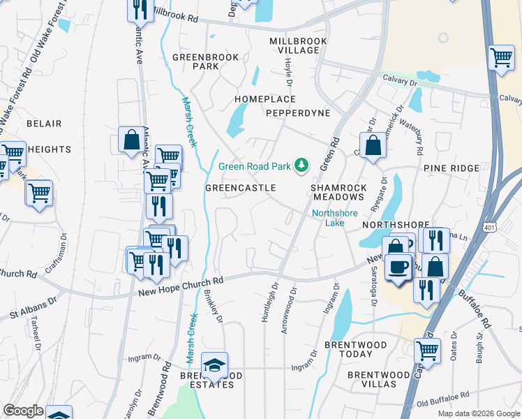 map of restaurants, bars, coffee shops, grocery stores, and more near 4212 Greencastle Court in Raleigh