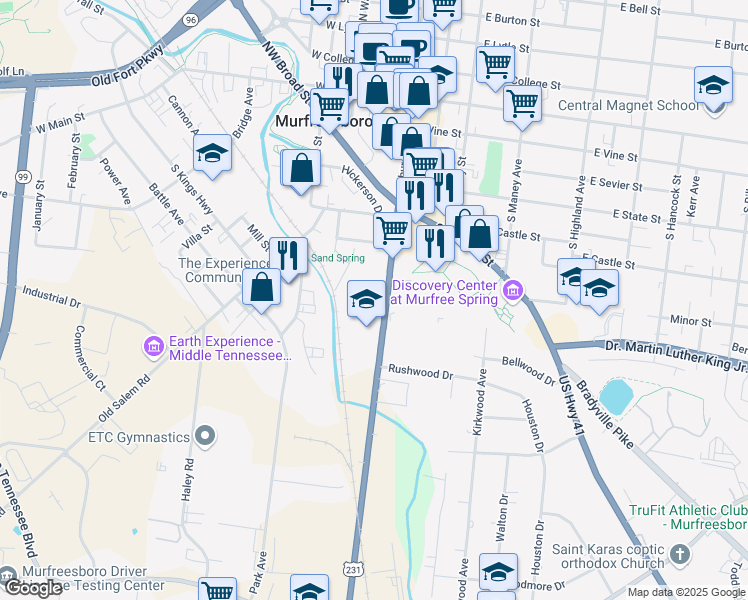 map of restaurants, bars, coffee shops, grocery stores, and more near 726 South Church Street in Murfreesboro