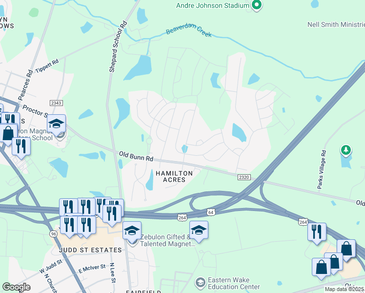 map of restaurants, bars, coffee shops, grocery stores, and more near in Zebulon
