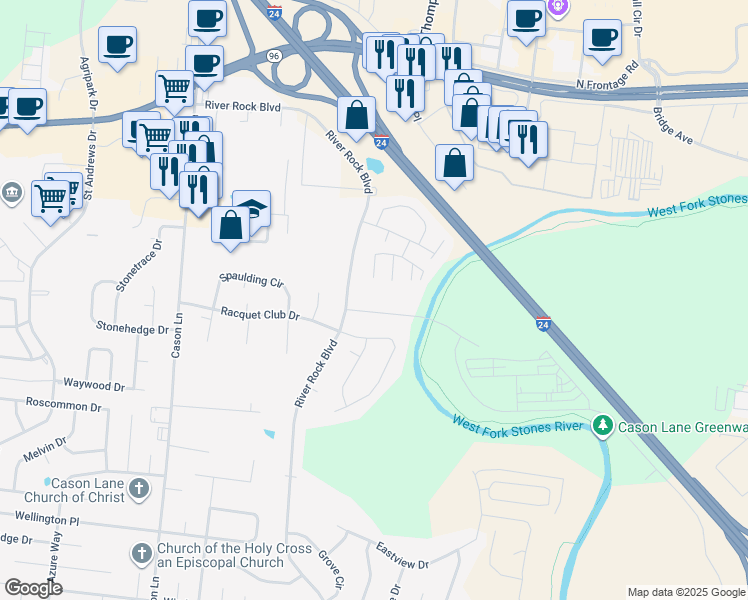 map of restaurants, bars, coffee shops, grocery stores, and more near 605 River Rock Boulevard in Murfreesboro