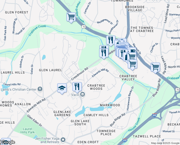 map of restaurants, bars, coffee shops, grocery stores, and more near 4709 Edwards Mill Road in Raleigh