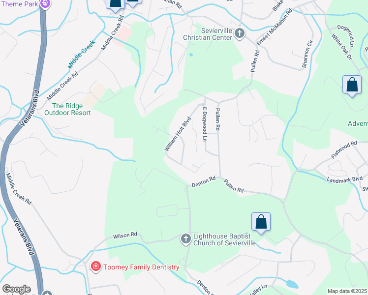 map of restaurants, bars, coffee shops, grocery stores, and more near Monte Vista Drive in Sevierville