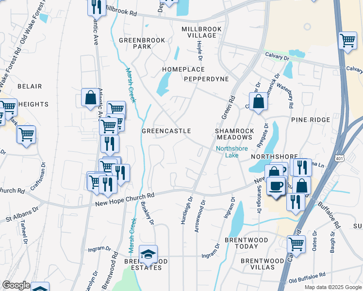 map of restaurants, bars, coffee shops, grocery stores, and more near 4212 Greencastle Court in Raleigh