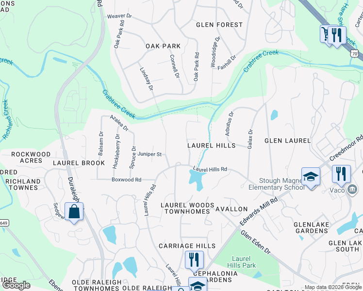map of restaurants, bars, coffee shops, grocery stores, and more near 4201 Laurel Ridge Drive in Raleigh