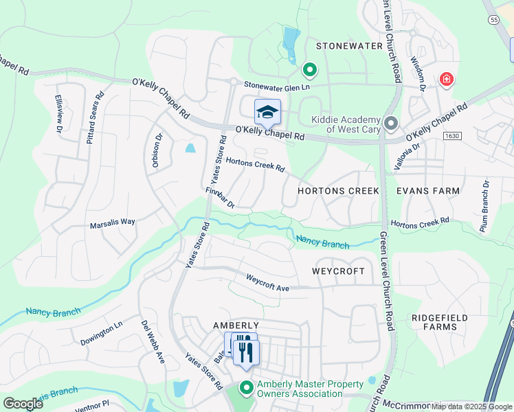 map of restaurants, bars, coffee shops, grocery stores, and more near 543 Finnbar Drive in Cary