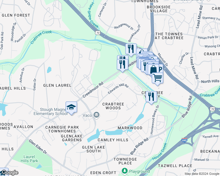 map of restaurants, bars, coffee shops, grocery stores, and more near 4715 Edwards Mill Road in Raleigh