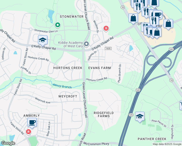 map of restaurants, bars, coffee shops, grocery stores, and more near 3919 Wedonia Drive in Cary