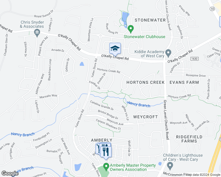 map of restaurants, bars, coffee shops, grocery stores, and more near 541 Finnbar Drive in Cary