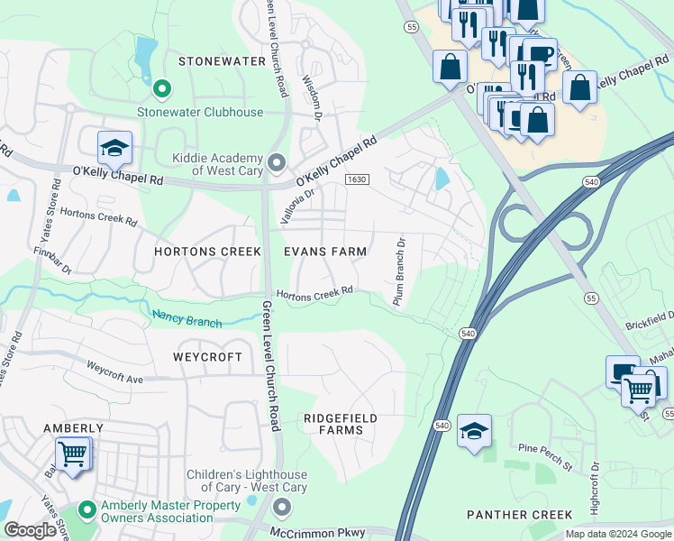 map of restaurants, bars, coffee shops, grocery stores, and more near 4010 Strendal Drive in Cary