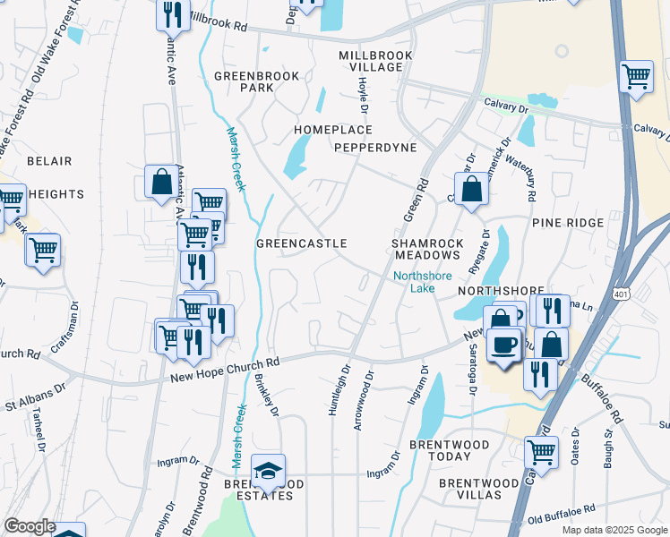 map of restaurants, bars, coffee shops, grocery stores, and more near 4225 Greencastle Court in Raleigh