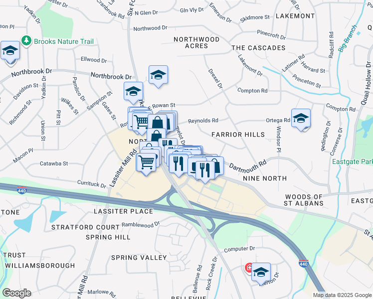 map of restaurants, bars, coffee shops, grocery stores, and more near 4300 Camelot Drive in Raleigh