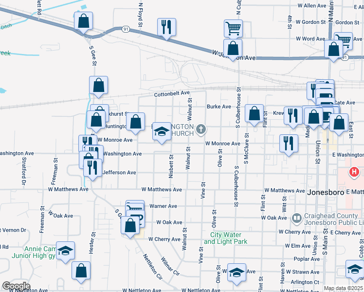 map of restaurants, bars, coffee shops, grocery stores, and more near 1030 West Monroe Avenue in Jonesboro